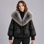 Glänzende Damen-Steppjacke mit übergroßem Kunstfellkragen – kurze wattierte Jacke mit Knebelverschluss