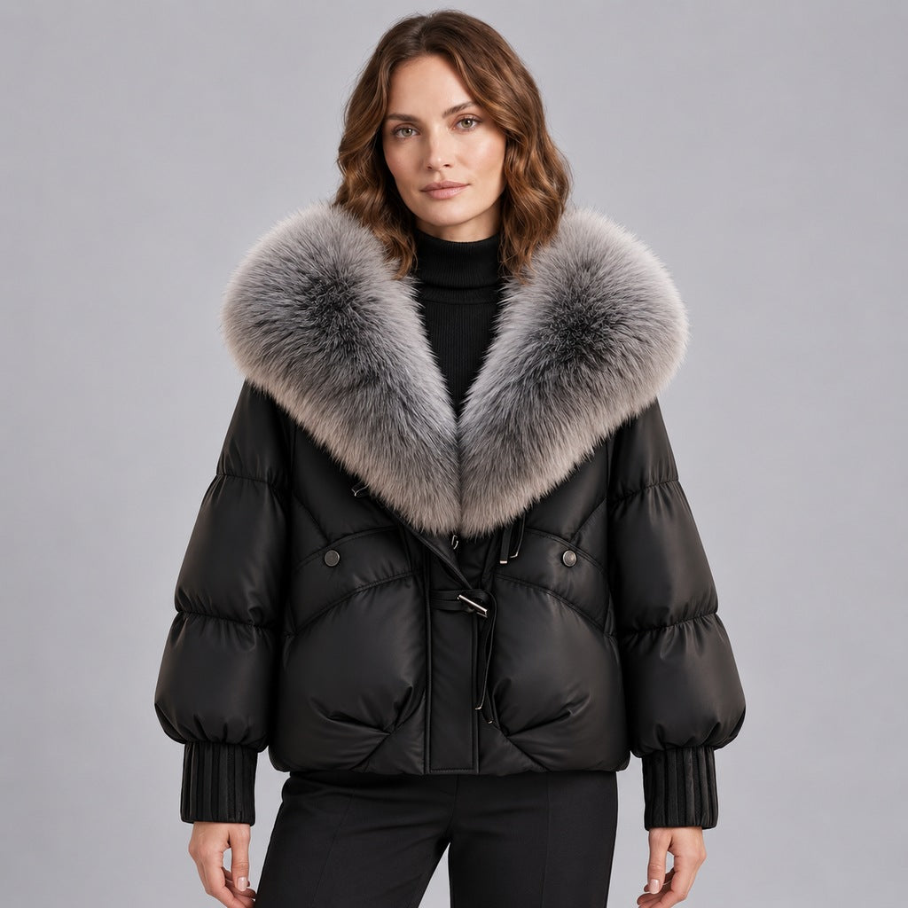 Glänzende Damen-Steppjacke mit übergroßem Kunstfellkragen – kurze wattierte Jacke mit Knebelverschluss
