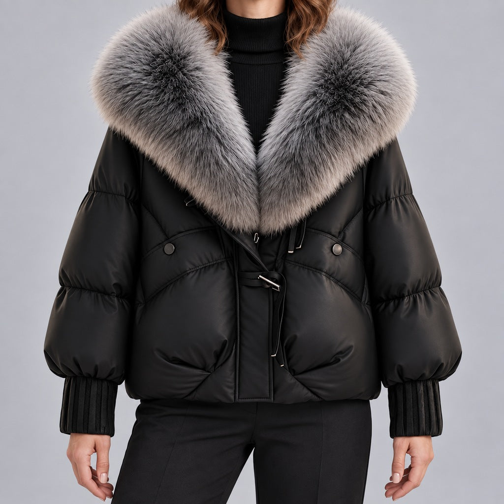 Glänzende Damen-Steppjacke mit übergroßem Kunstfellkragen – kurze wattierte Jacke mit Knebelverschluss