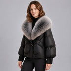 Glänzende Damen-Steppjacke mit übergroßem Kunstfellkragen – kurze wattierte Jacke mit Knebelverschluss