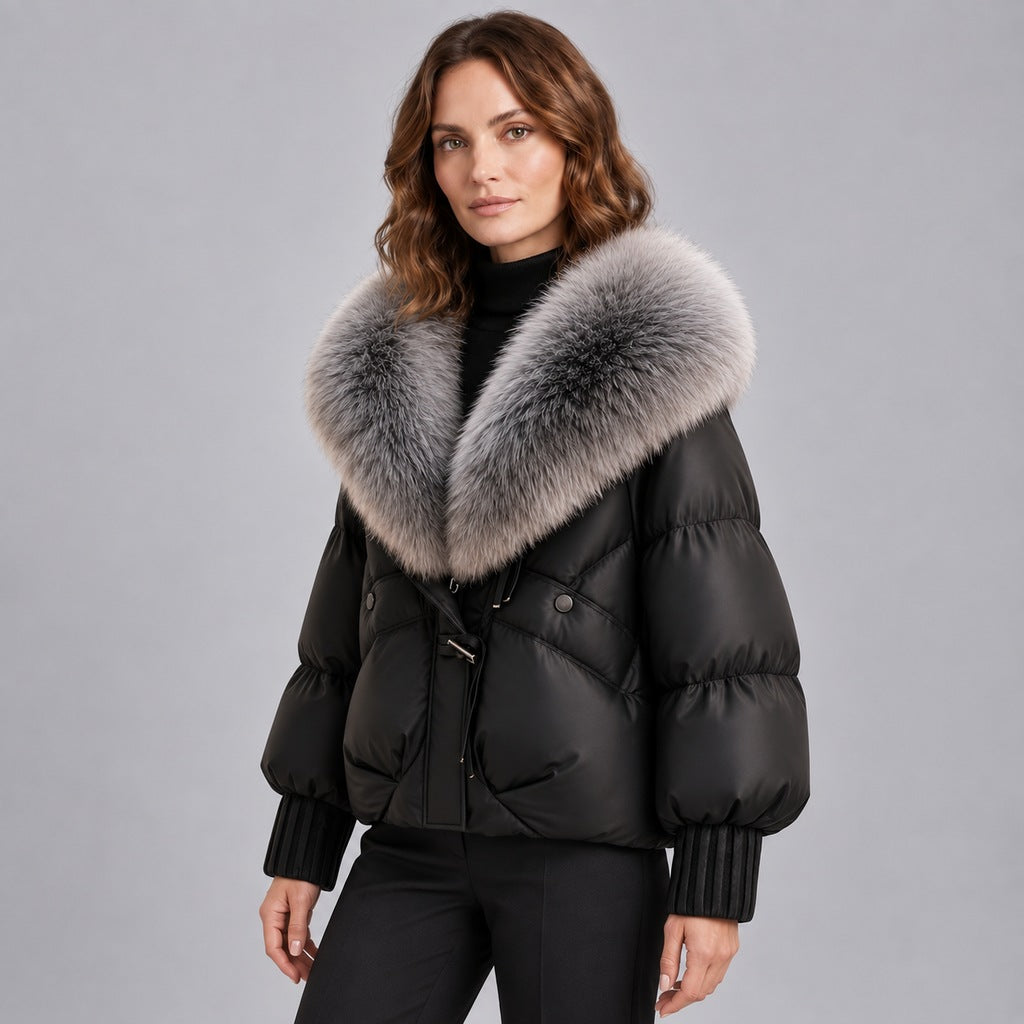 Glänzende Damen-Steppjacke mit übergroßem Kunstfellkragen – kurze wattierte Jacke mit Knebelverschluss