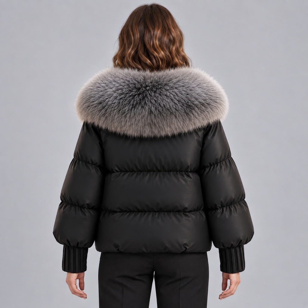 Glänzende Damen-Steppjacke mit übergroßem Kunstfellkragen – kurze wattierte Jacke mit Knebelverschluss