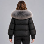 Glänzende Damen-Steppjacke mit übergroßem Kunstfellkragen – kurze wattierte Jacke mit Knebelverschluss