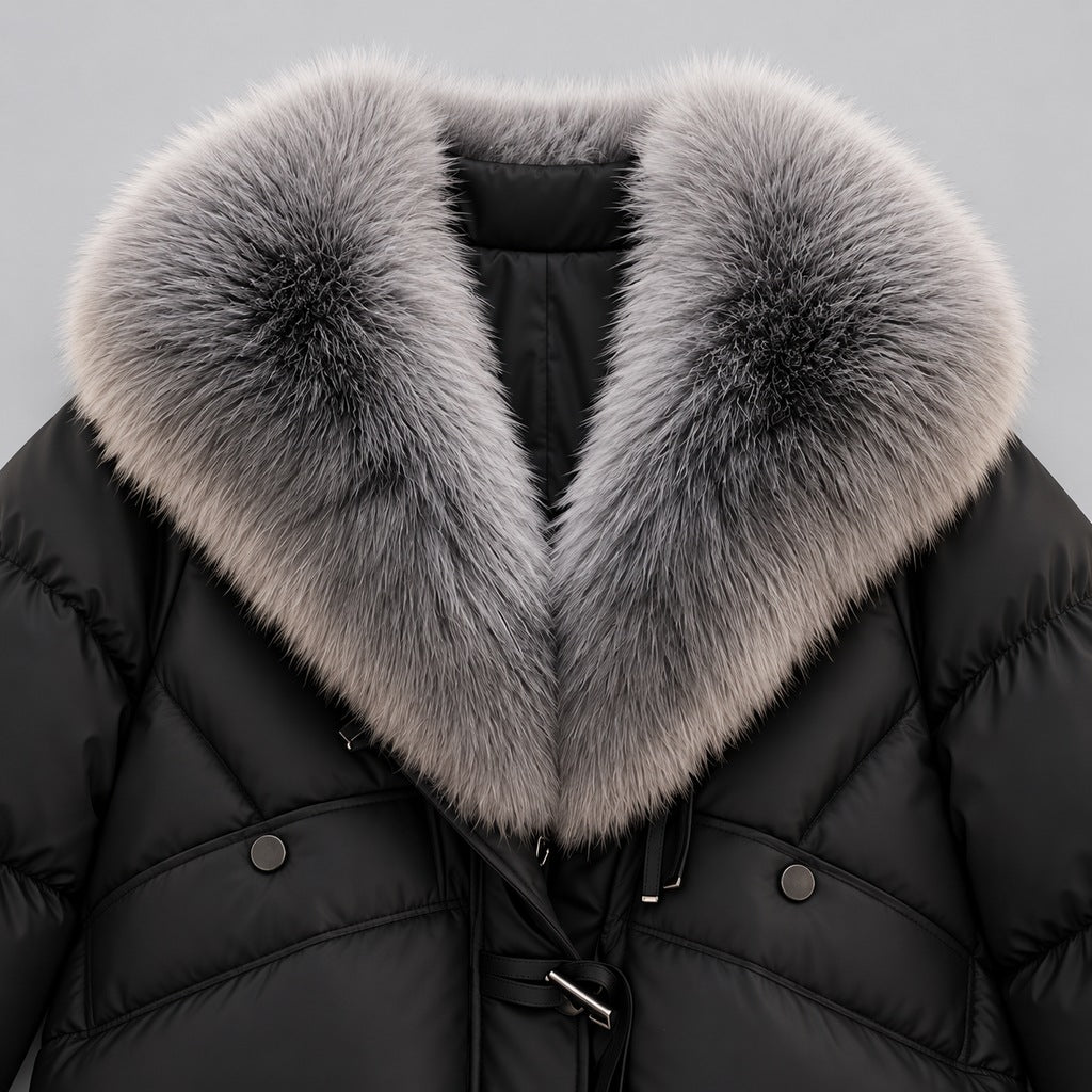 Glänzende Damen-Steppjacke mit übergroßem Kunstfellkragen – kurze wattierte Jacke mit Knebelverschluss