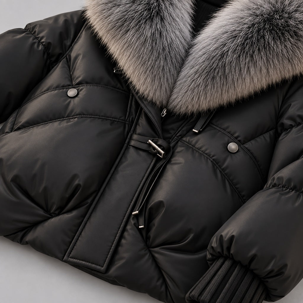 Glänzende Damen-Steppjacke mit übergroßem Kunstfellkragen – kurze wattierte Jacke mit Knebelverschluss