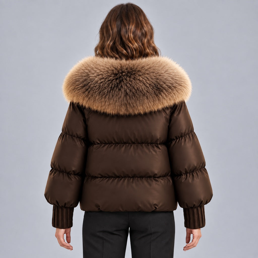 Glänzende Damen-Steppjacke mit übergroßem Kunstfellkragen – kurze wattierte Jacke mit Knebelverschluss