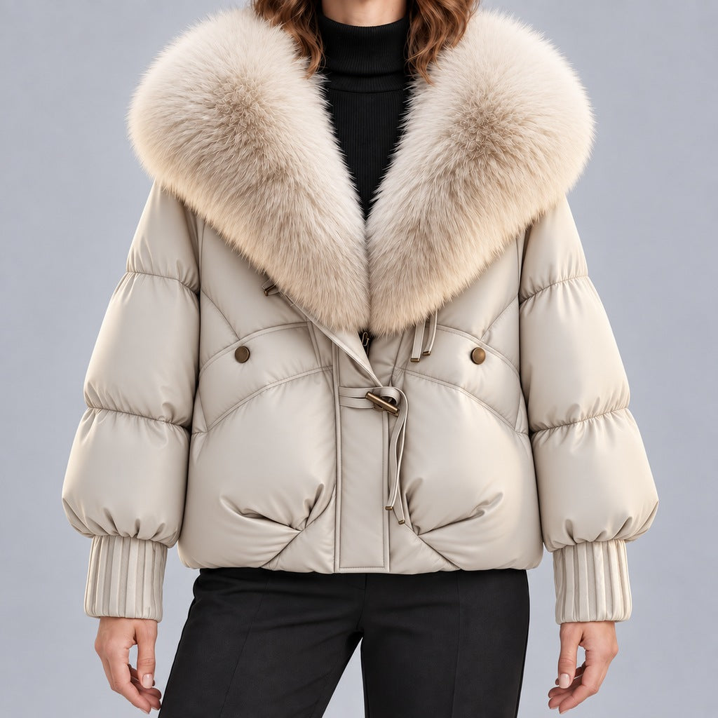Glänzende Damen-Steppjacke mit übergroßem Kunstfellkragen – kurze wattierte Jacke mit Knebelverschluss