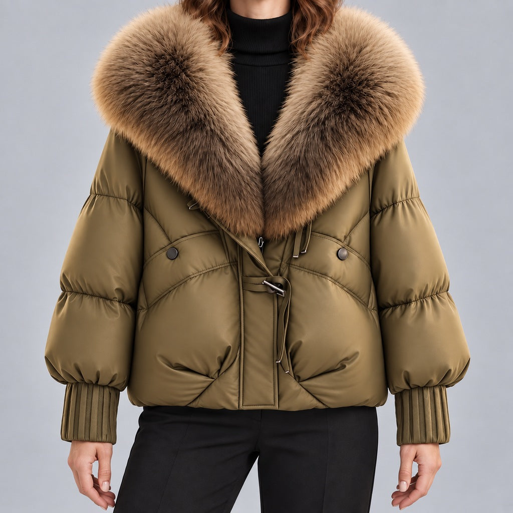 Glänzende Damen-Steppjacke mit übergroßem Kunstfellkragen – kurze wattierte Jacke mit Knebelverschluss