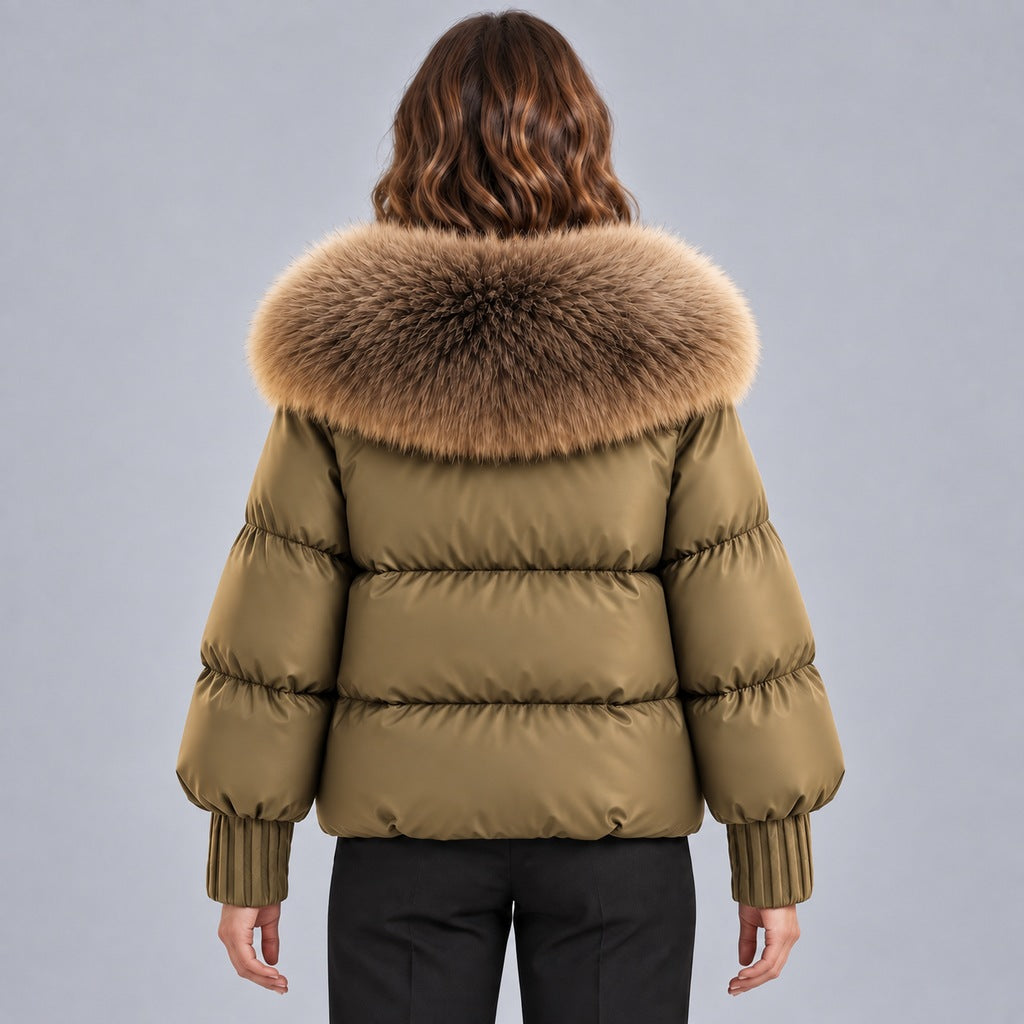 Glänzende Damen-Steppjacke mit übergroßem Kunstfellkragen – kurze wattierte Jacke mit Knebelverschluss