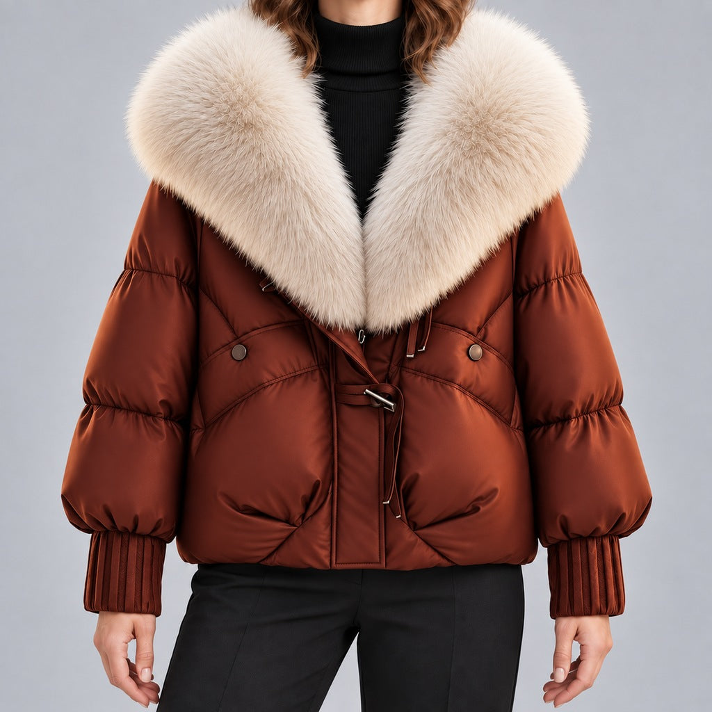 Glänzende Damen-Steppjacke mit übergroßem Kunstfellkragen – kurze wattierte Jacke mit Knebelverschluss