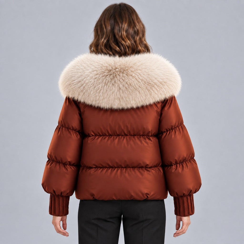 Glänzende Damen-Steppjacke mit übergroßem Kunstfellkragen – kurze wattierte Jacke mit Knebelverschluss