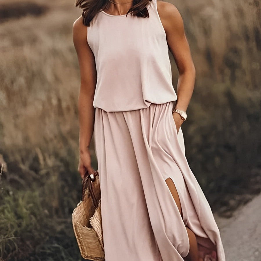 Women's Summer Maxi Dress, Sleeveless, Retro Pattern, Flowing Cut - Beige