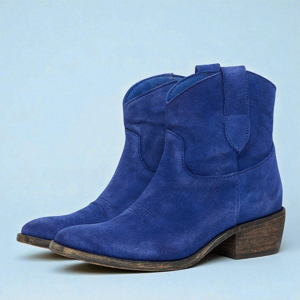 Women's Ankle Boots with Western Embroidery and Block Heel - Blue