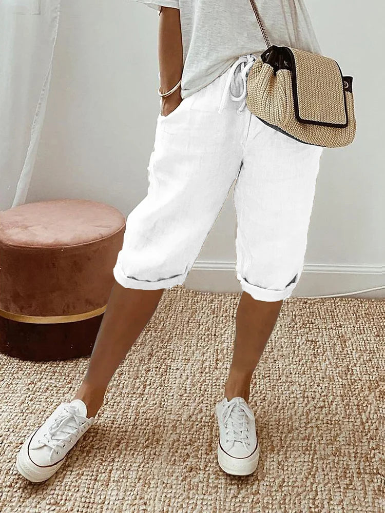 Women's Cotton Shorts with Elastic Waistband – Perfect for Summer - White