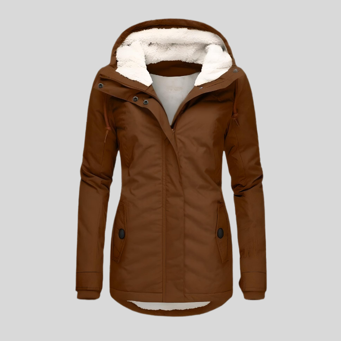 Women's Long Insulated Waterproof Coat with Hood - Brown