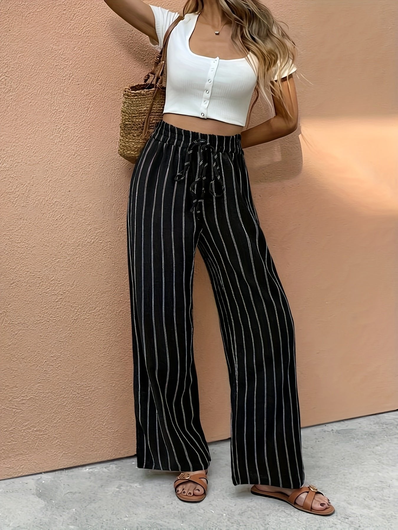 Comfortable And Breezy Women Striped Wide-Leg Pants