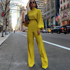 Elegant Jumpsuit with Long-Sleeve Design and Practical Side Pockets - Perfect for Autumn - Yellow