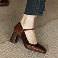 Women's Mary Jane Pumps with Flared Block Heel and Gold Buckle - Brown