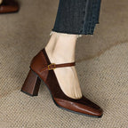 Women's Mary Jane Pumps with Flared Block Heel and Gold Buckle - Brown