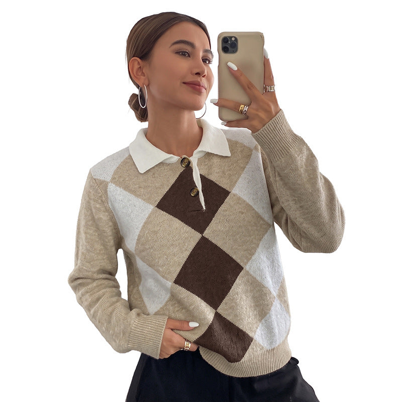 Elegantes kariertes Strick-Poloshirt für Damen