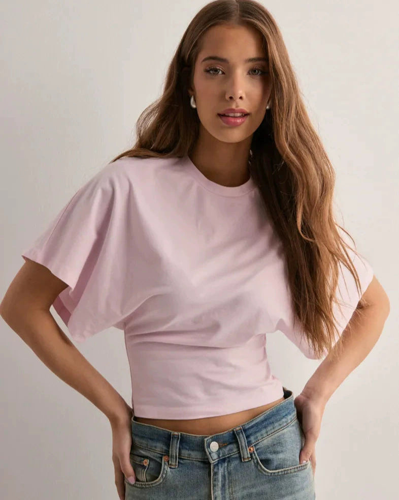 Women's Long-Sleeve Pullover Shirt, Crew Neck, Relaxed Cut, Autumn, Solid Color - Pink