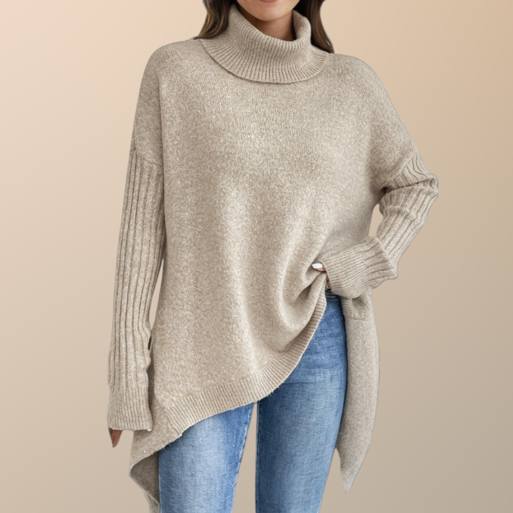 Women's Long Turtleneck Sweater with Extended Back - Beige