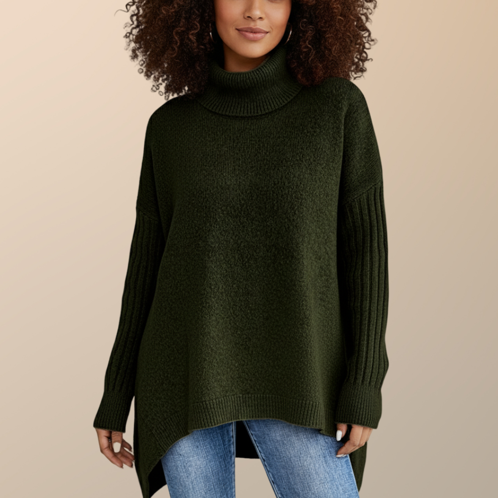 Women's Long Turtleneck Sweater with Extended Back - Dark Green