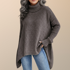 Women's Long Turtleneck Sweater with Extended Back - Brown