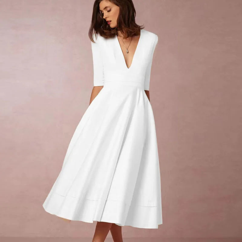 Women's Autumn A-Line Swing Dress, 60s Vintage Sleeveless Midi Dress for Cocktail and Party Occasions - White