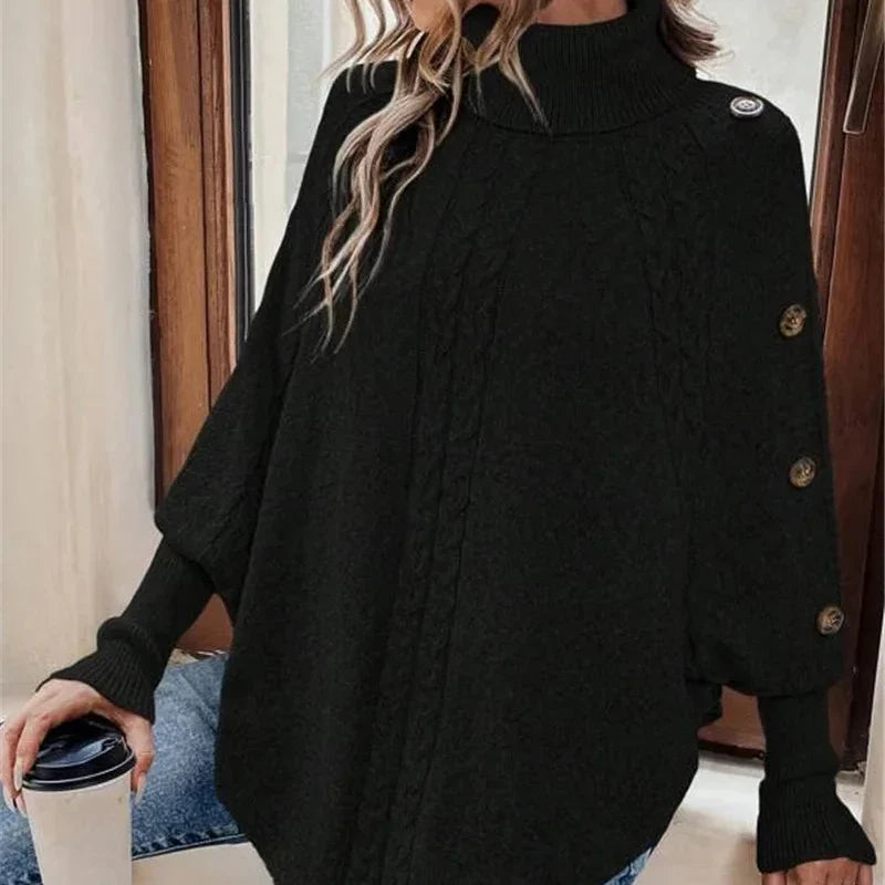 Women's Turtleneck Poncho with Textured Knit and Button Sleeves - Onyx Black