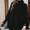 Women's Turtleneck Poncho with Textured Knit and Button Sleeves - Onyx Black