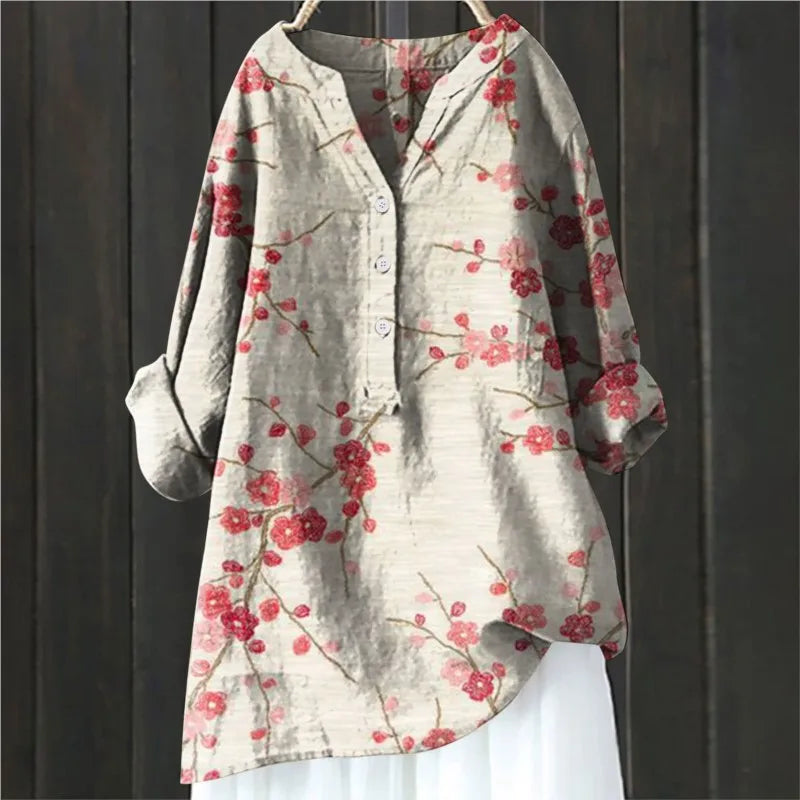 Women's Autumn Blouse with Lightweight Fabric and Flattering Elegant Cut - Gray Floral