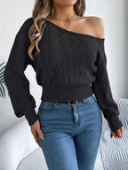 Women's Autumn Sweater with Angled Neckline and Off-Shoulder Design - Black