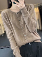 Women's Autumn Sweater with Button Placket, Crew Neck, Relaxed Fit - Camel