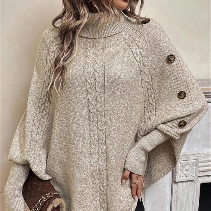 Women's Turtleneck Poncho with Textured Knit and Button Sleeves - Khaki
