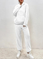 Warm Teddy Fleece Loungewear Set with Hood, Breathable - Perfect for Autumn and Winter - White