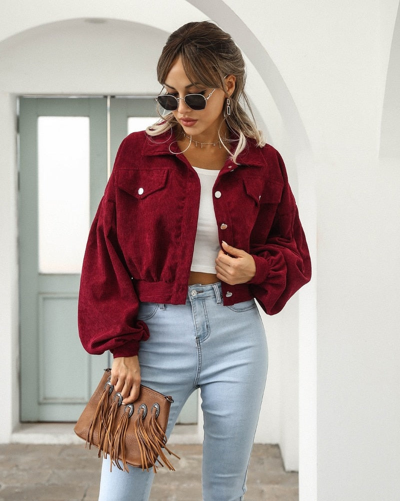 Women's Cropped Jacket with Pockets and Buttons