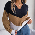Women's Knit Sweater with V-Neck and Color-Block Design - Brown