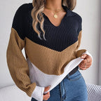 Women's Knit Sweater with V-Neck and Color-Block Design - Brown
