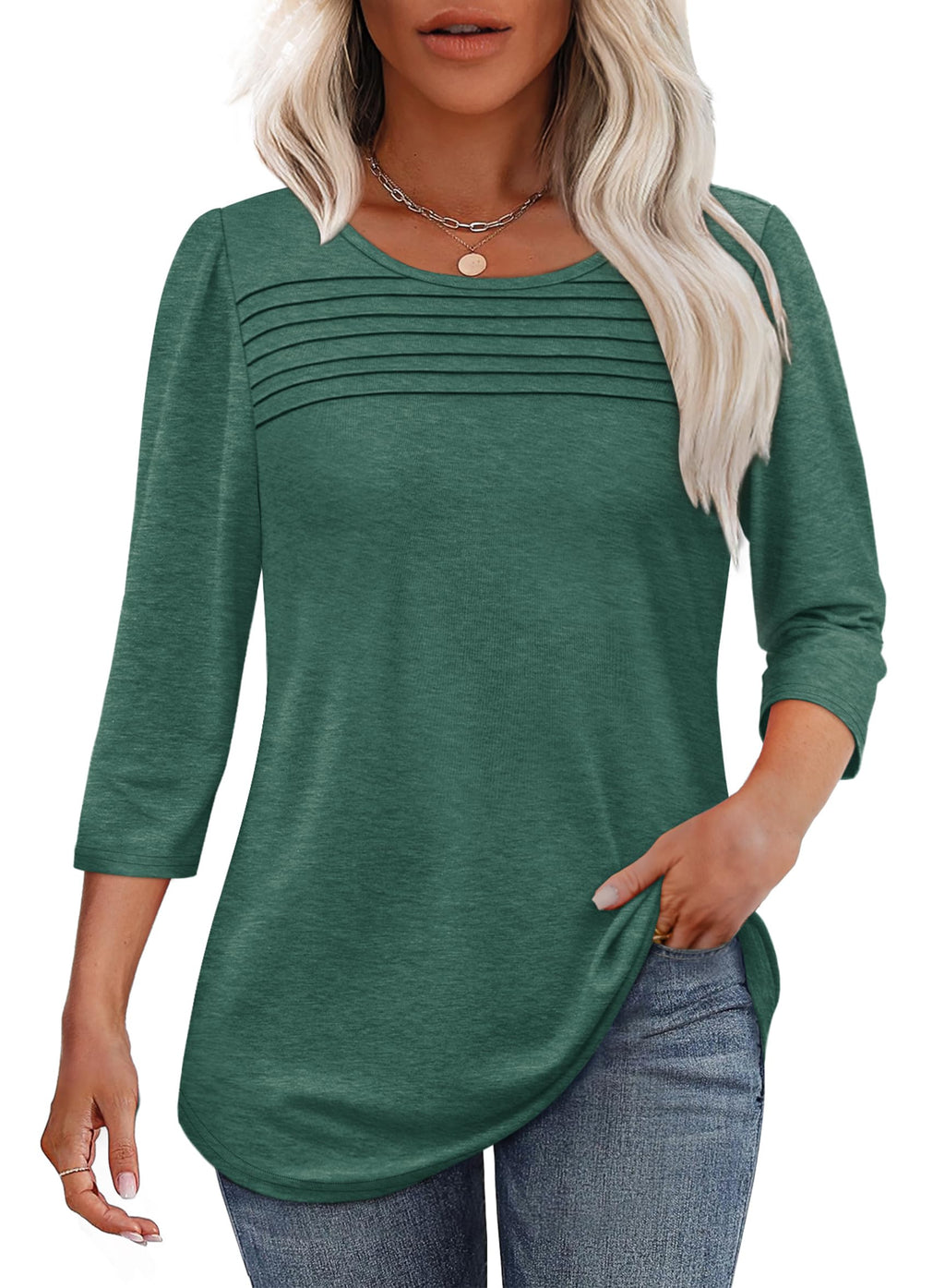 Women's 3/4-Sleeve Top with Pleated Front, Round Neckline and Rounded Hem - Green