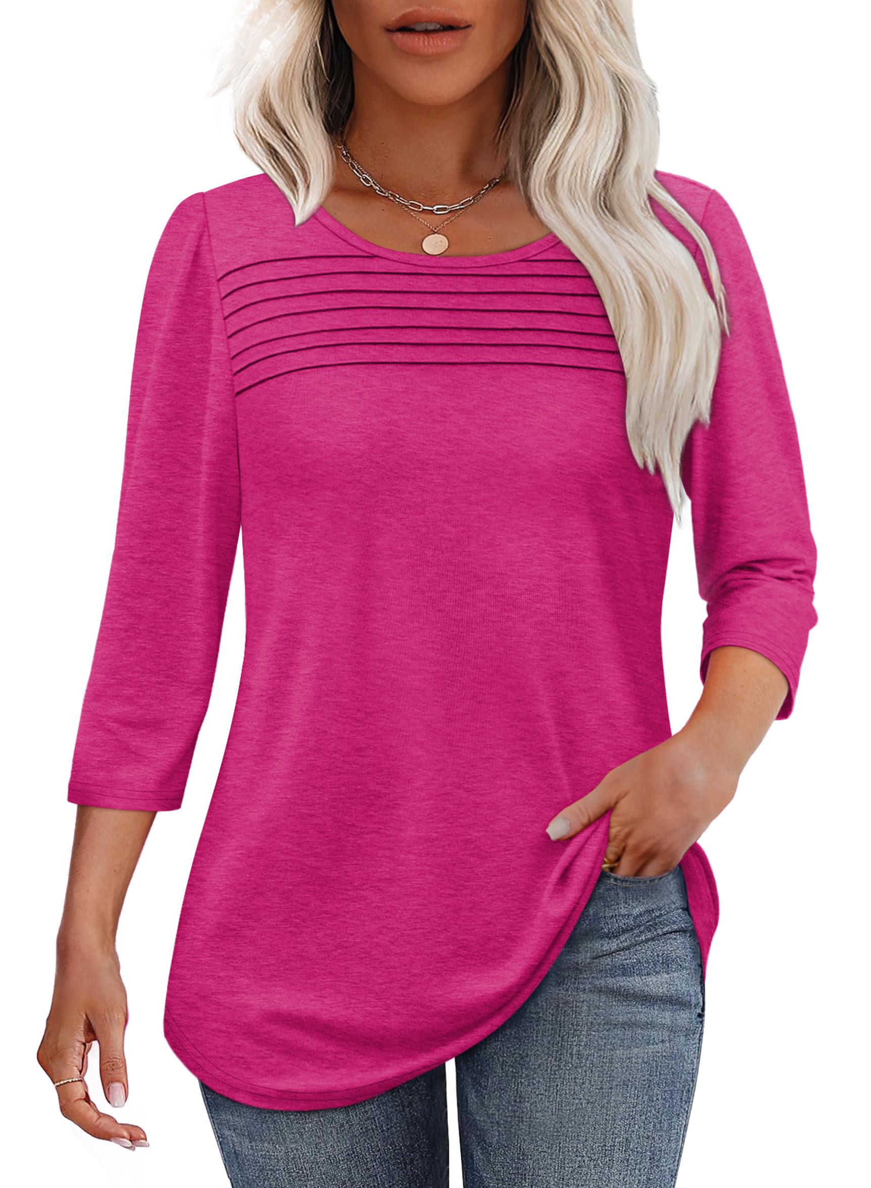 Women's 3/4-Sleeve Top with Pleated Front, Round Neckline and Rounded Hem - Hot Pink