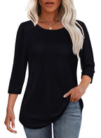 Women's 3/4-Sleeve Top with Pleated Front, Round Neckline and Rounded Hem - Black
