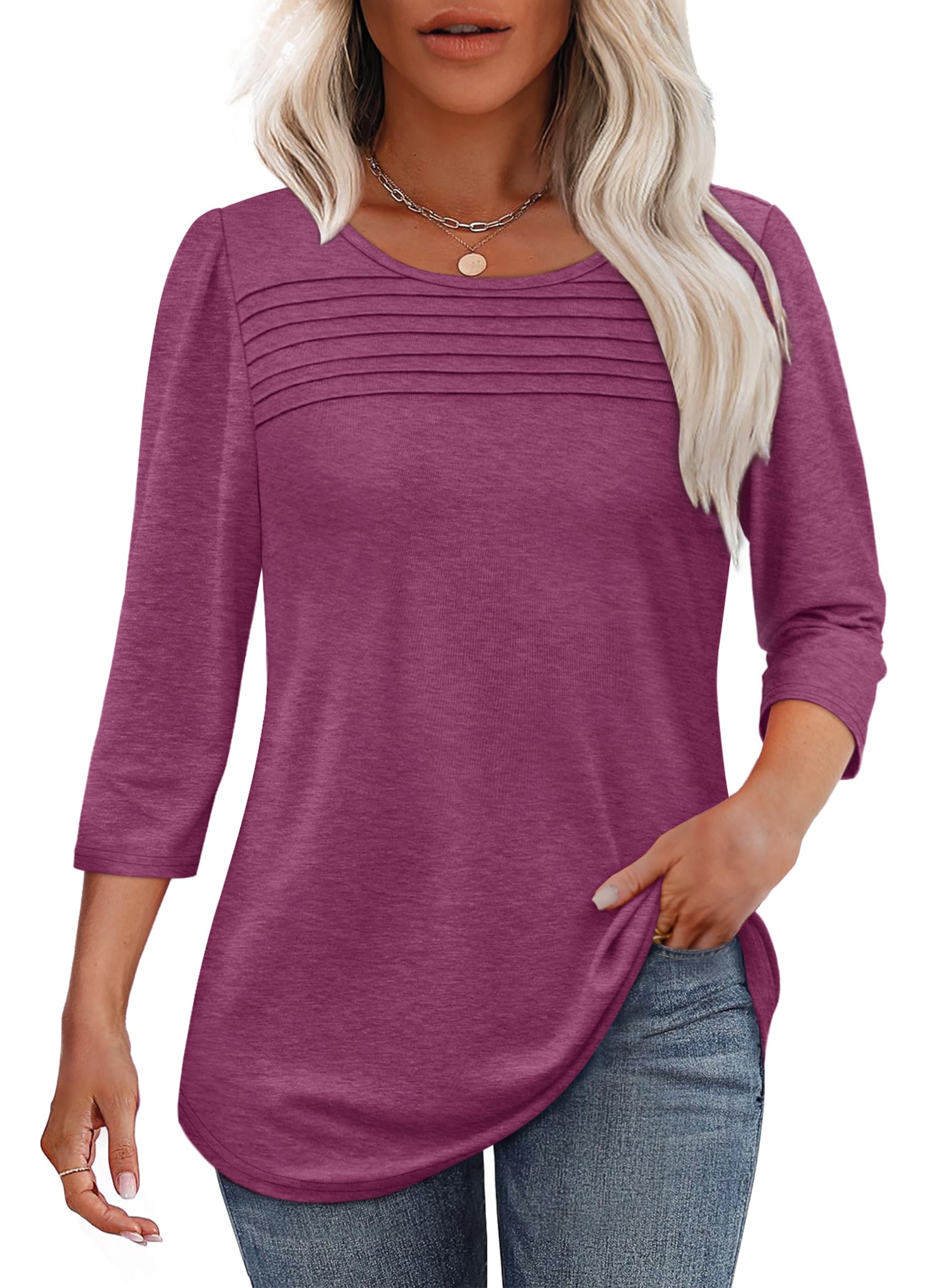 Women's 3/4-Sleeve Top with Pleated Front, Round Neckline and Rounded Hem - Purple Red