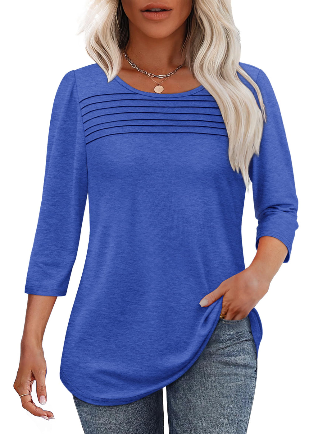 Women's 3/4-Sleeve Top with Pleated Front, Round Neckline and Rounded Hem - Royal Blue