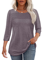 Women's 3/4-Sleeve Top with Pleated Front, Round Neckline and Rounded Hem - Dark Taupe