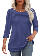 Women's 3/4-Sleeve Top with Pleated Front, Round Neckline and Rounded Hem - Navy