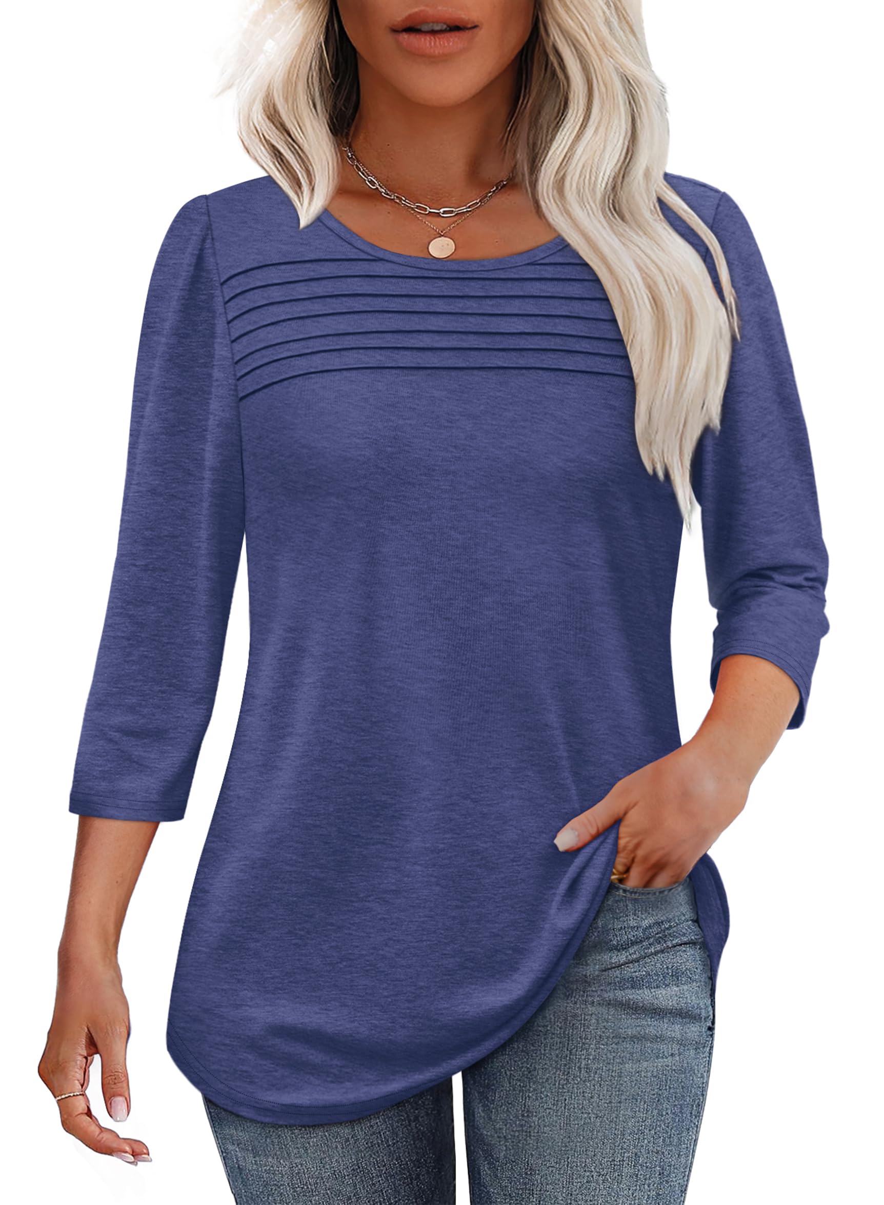 Women's 3/4-Sleeve Top with Pleated Front, Round Neckline and Rounded Hem - Navy
