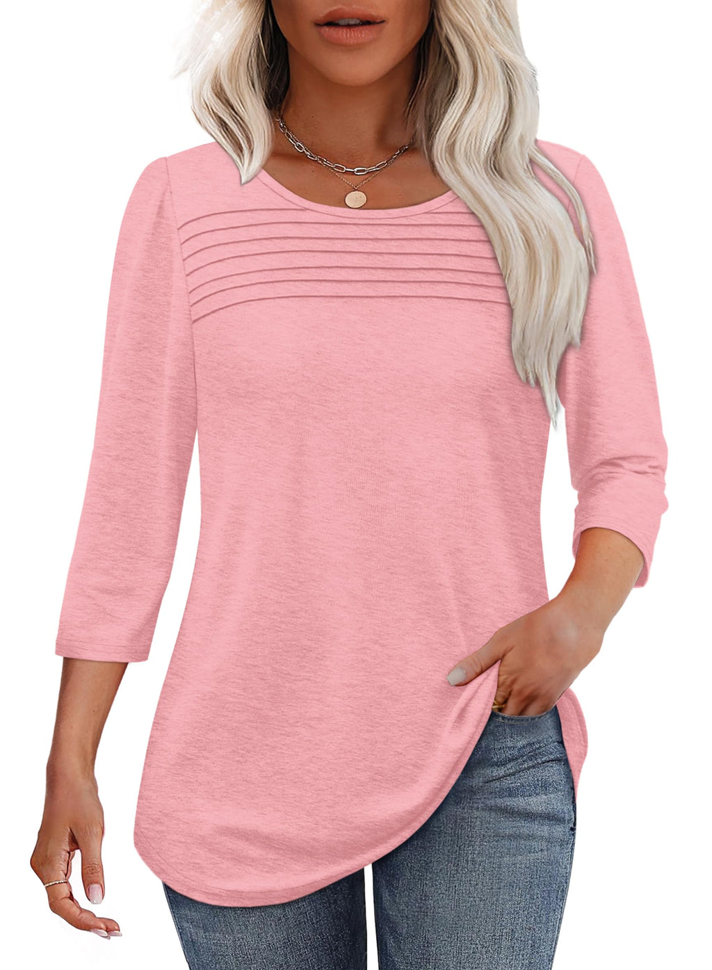 Women's 3/4-Sleeve Top with Pleated Front, Round Neckline and Rounded Hem - Light Pink
