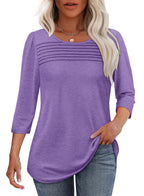 Women's 3/4-Sleeve Top with Pleated Front, Round Neckline and Rounded Hem - Violet