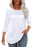 Women's 3/4-Sleeve Top with Pleated Front, Round Neckline and Rounded Hem - White